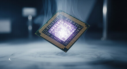 Digital Intelligence: A cutting-edge central processing unit (CPU) illuminates with a radiant glow, encased within a cool, vaporous atmosphere.