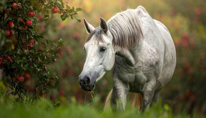 A white horse grazes near a tree with red apples