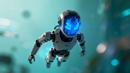 Floating humanoid robot with blue display