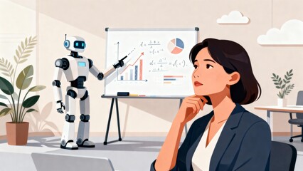 Robot presenting data to woman in office