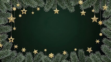 Dark green Christmas background framed with pine branches and hanging golden stars creating elegant festive design with copy space