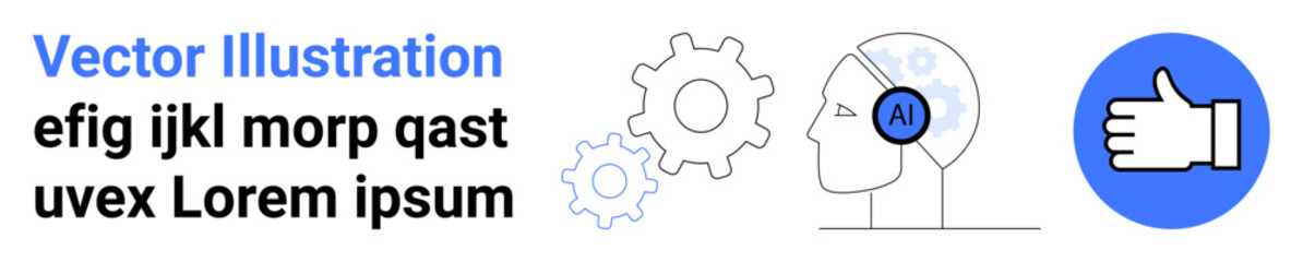 Obraz premium Artificial intelligence, innovation, machine learning, communication, decision-making, robotics. Human profile with AI gear, mechanical cogwheels and thumbs-up icon. Artificial intelligence