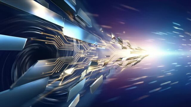 Digital Transformation Abstract. Dynamic burst of interconnected abstract digital fragments, moving quickly from dark to light. Concept of change and speed, sleek metallic texture, volumetric lighting