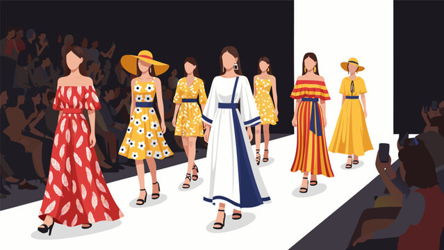Fashion Show Runway Models Displaying Vibrant Dresses and Hats to Enthusiastic Audience