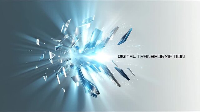 Digital Transformation Abstract. Dynamic burst of interconnected abstract digital fragments, moving quickly from dark to light. Concept of change and speed, sleek metallic texture, volumetric lighting