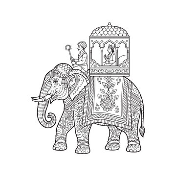 Traditional Indian decorated elephant with king in howdah. Royal procession line art drawing. Black and white vector illustration for coloring book.
