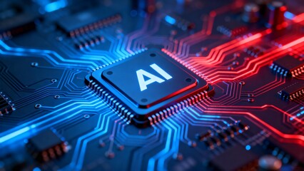 AI chip on circuit board with glowing lines