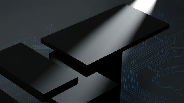 Minimalist Floating Platforms. Abstract scene featuring several sharp-edged, matte black geometric platforms floating in empty space. A single ray of light dramatically highlights the edges. Clean, mo