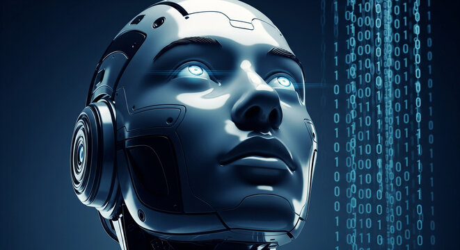 Futuristic AI Concept: A captivating close-up of a sleek, advanced robot head, showcasing glowing eyes and intricate metallic details against a backdrop of flowing binary code. - Powered by Adobe