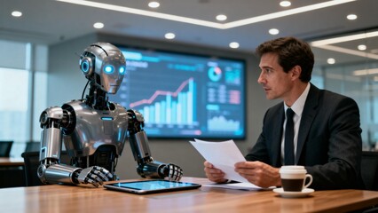 Businessman and robot in office