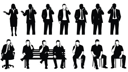 Business people silhouettes talking on phones in various poses and settings