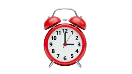 Red Alarm Clock Showing 3 O'Clock on White Background