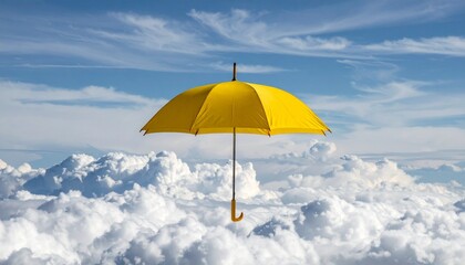 “Bright yellow umbrella floating above dense white clouds with blue sky and wispy background creating surreal effect”