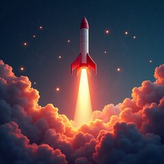 Obraz premium Rocket launching above fiery clouds against a dark night sky