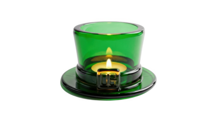 Green glass votive candle holder with lit tea light isolated on transparent background