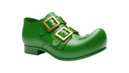 Green leather dress shoe with gold buckles isolated on transparent background