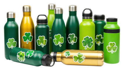 Collection of green and gold water bottles with shamrock designs isolated on transparent background