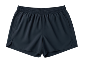 Close-up shot of navy blue athletic shorts with an elastic waistband.