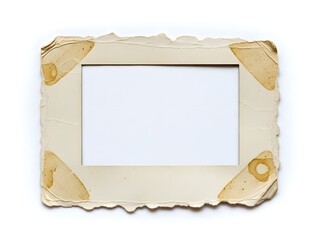 Fototapeta premium An empty, aged, and stained vintage photo frame or album page with torn edges and corner slots on a white background, evoking nostalgia.
