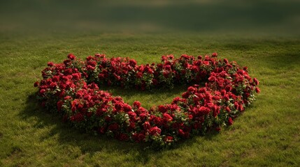 Heart shaped red rose arrangement on green grass with soft lighting