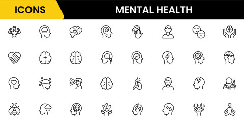 Mental health line icon set. Anxiety, stress, psychology, brain, etc, symbols  collection Vector illustration