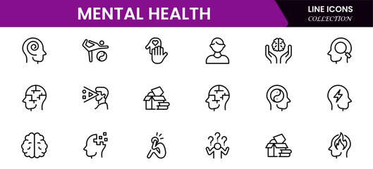 Mental health line icon set. Anxiety, stress, psychology, brain, etc, symbols  collection Vector illustration