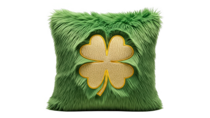 Green furry pillow with gold shamrock isolated on transparent background