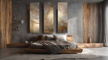 Modern bedroom interior with wooden bed art and decorative elements