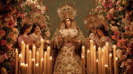 Religious procession with candles and figures surrounded by floral arrangements