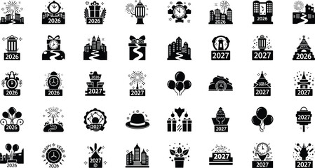 Conceptual Ball Drop in City Square New Year 2026/2027 Silhouette Icon Set © Sathi
