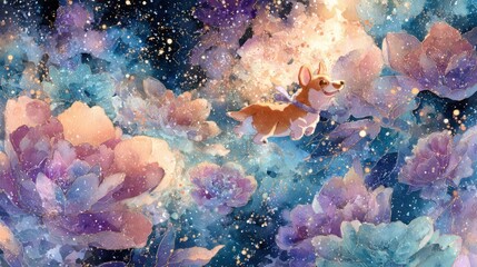 Dog flying through a floral dreamscape with pastel colors and dreamy fantasy