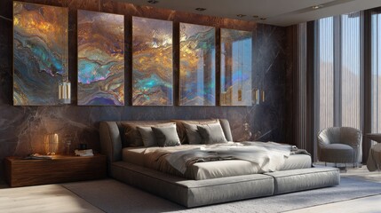 Modern bedroom interior with artwork and luxurious bed decor