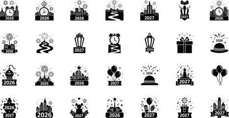 Conceptual Ball Drop in City Square New Year 2026/2027 Silhouette Icon Set © Sathi