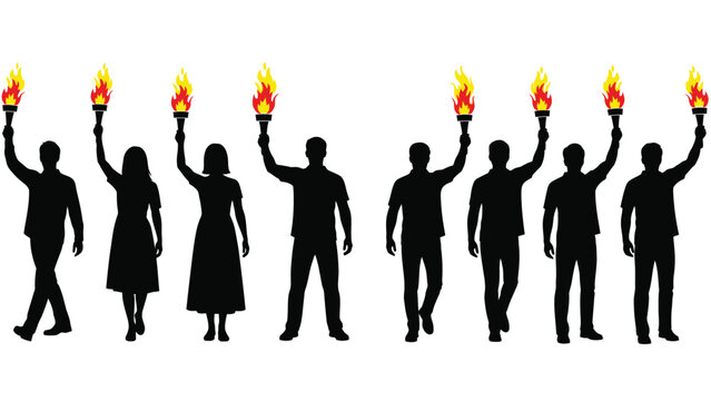 Silhouettes of people holding torches in a line formation