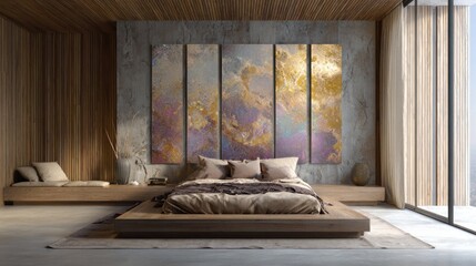 Modern bedroom interior design with large bed and abstract artwork