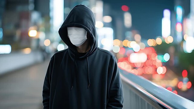 夜の街でマスクをして佇むフードの男、不審者やストーカーの影