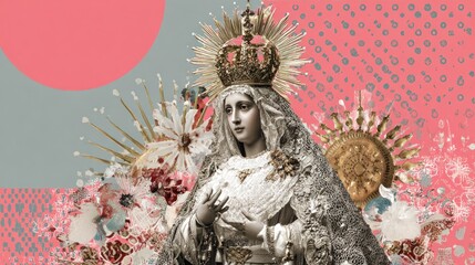 Religious artwork featuring a crowned figure with decorative floral elements