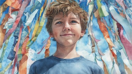 Young boy smiles under colorful ribbons and blue sky watercolor illustration