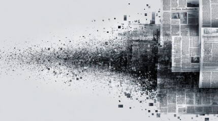 Abstract newspaper pages exploding into particles illustration information concept