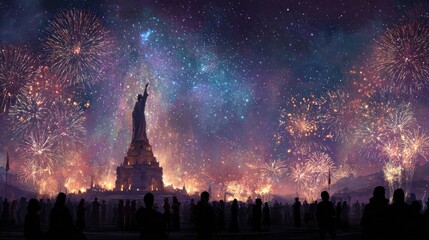 Fireworks display celebration with silhouetted crowd and statue at night