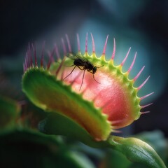 Venus flytrap capturing insect with sharp pink trigger hairs