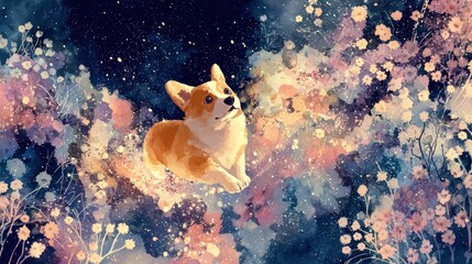 Corgi dog floating in a fantasy world with flowers and a starry night sky