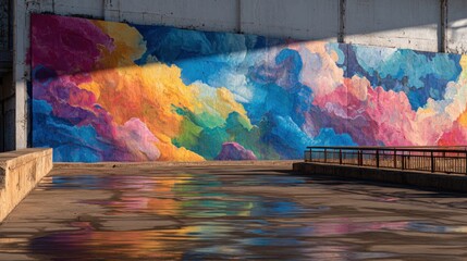 Colorful mural on a wall with reflections on the ground and sunlight