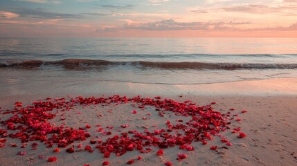 Beach scene with heart of rose petals and ocean backdrop at sunset