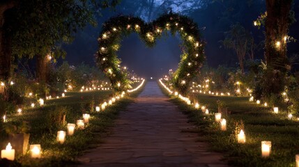 Pathway lit with candles leading to heart shaped floral archway at night