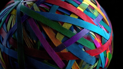 Colorful ball made of interwoven ribbons on black background for design
