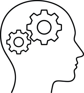 Minimalist black and white vector line illustration featuring a human head profile with two interlocking mechanical gears representing cognitive logic and critical thinking.