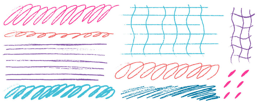 Minimal textured design with crayon detail and crayon strokes, structured by simple grid blocks and grid lines, plus dynamic scrawl accents and bold scrawl curves.