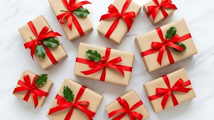 Top view Christmas gift boxes wrapped in kraft paper with red ribbons and holly leaves arranged on a clean white festive background