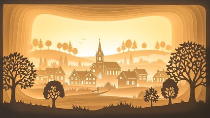 Paper cut style winter village landscape with layered silhouettes of houses trees and church creating a warm golden holiday background illustration